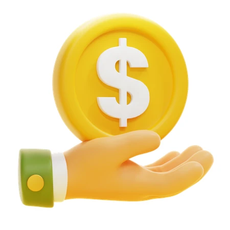 3D hand holding a gold dollar coin on white background