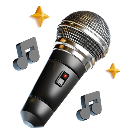 3D microphone icon with musical notes and golden stars