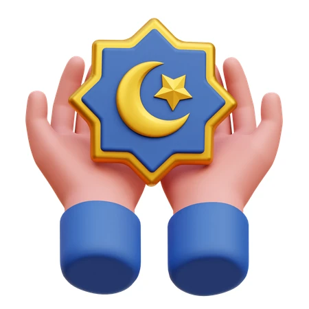 3D hands holding Islamic crescent moon and star symbol