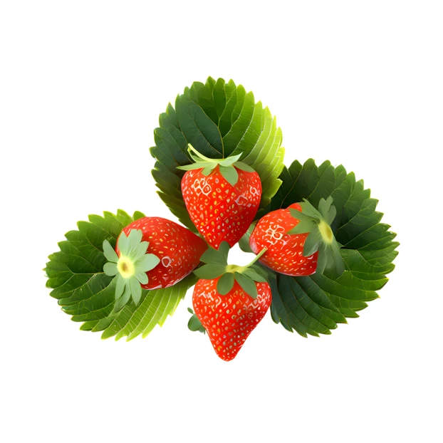 Four ripe strawberries with green leaves on white background