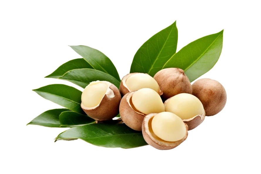 Macadamia nuts with green leaves isolated on white background