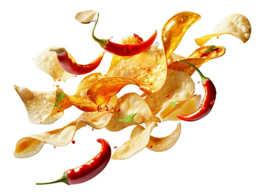 Potato chips and red chili peppers flying on white background