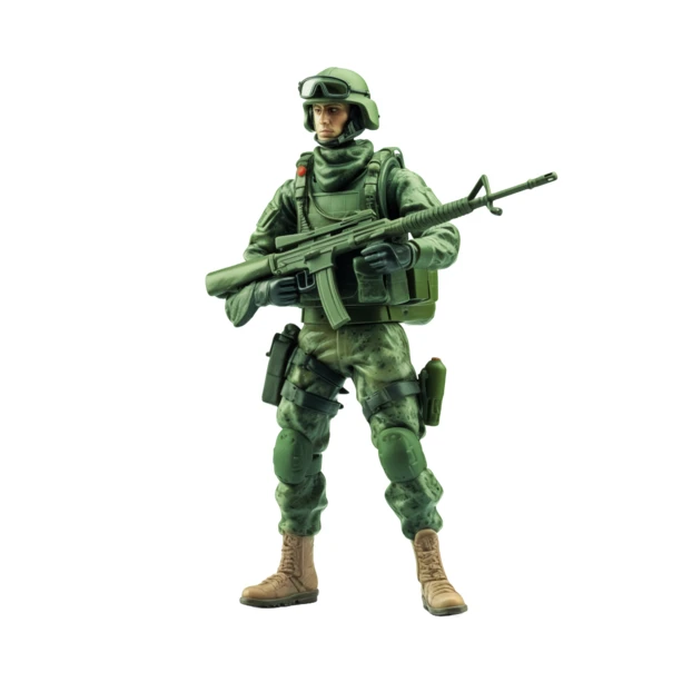 Soldier action figure in green camouflage holding a rifle
