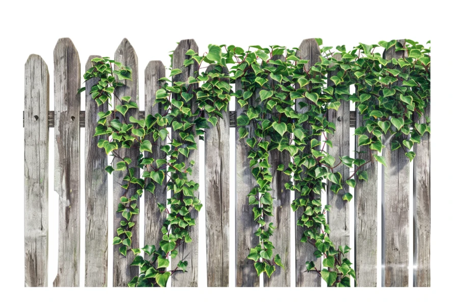 Old wooden picket fence with climbing ivy isolated on white