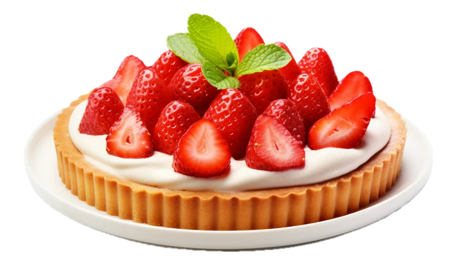 Fresh strawberry tart with cream and mint garnish