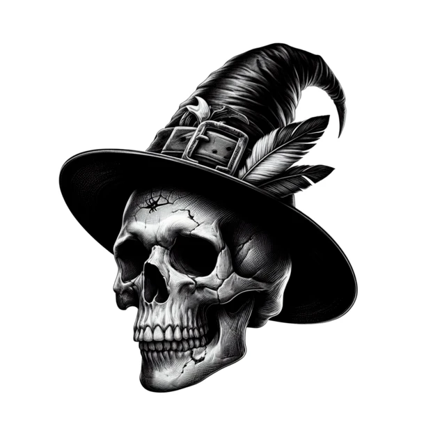Black and white illustration of a skull wearing a witch hat