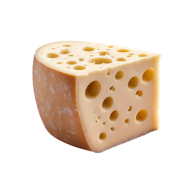 Wedge of Swiss cheese with holes on white background