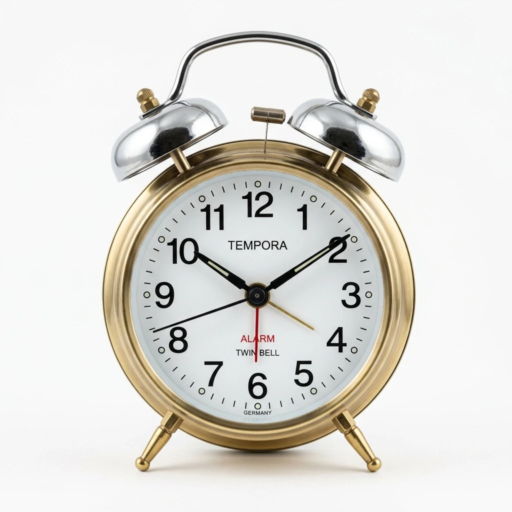 Vintage brass twin bell alarm clock on white background