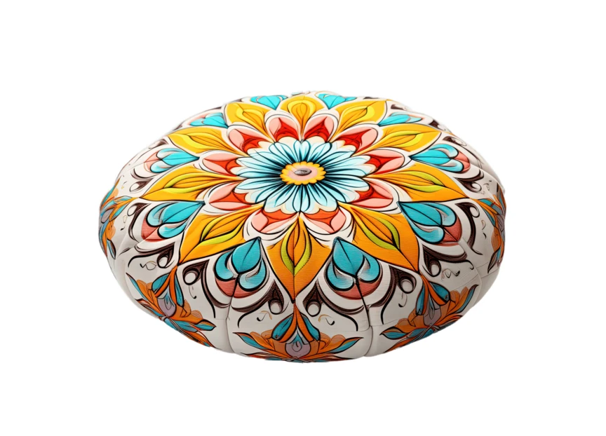 Vibrant round mandala pattern floor pillow on white background