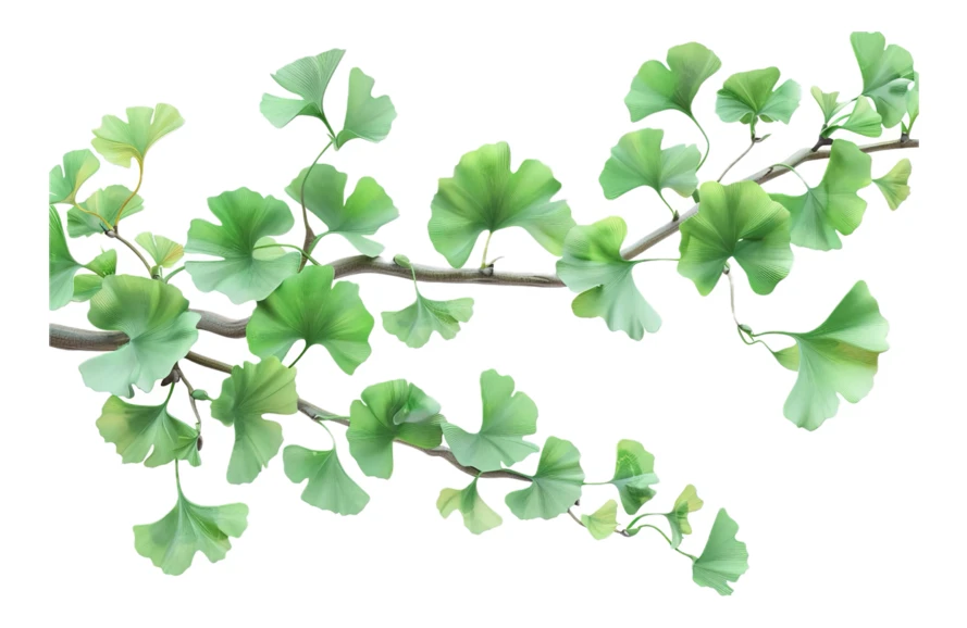 Branch of green ginkgo leaves isolated on white background