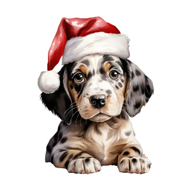 Cute spotted puppy wearing a red Santa hat illustration