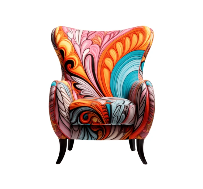 Vibrant artistic wingback armchair with colorful psychedelic pattern