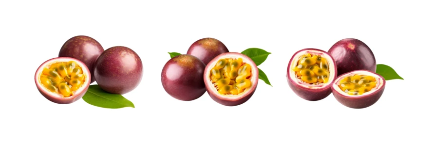 Fresh passion fruits and halves isolated on white background