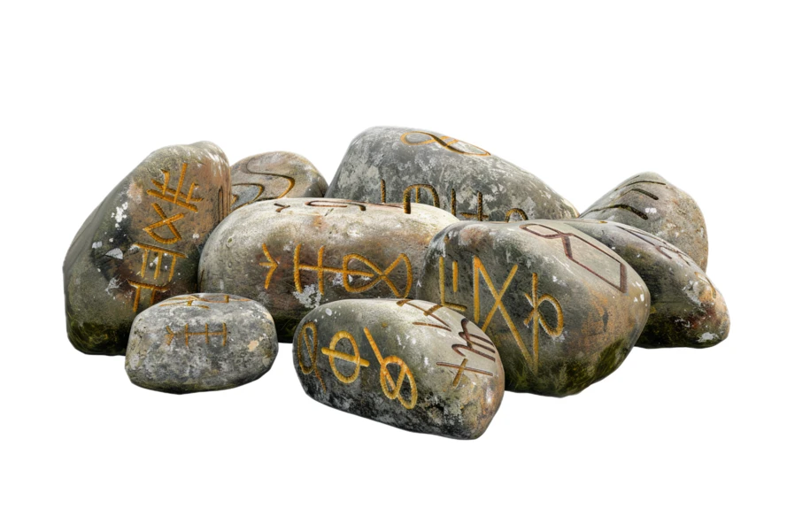 Ancient rune stones with mystical carvings on white background